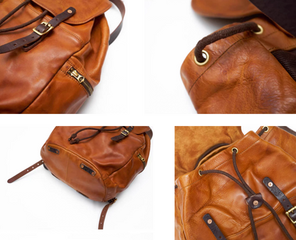 Close-up of drawstring, buckle straps, and TALON zippers on vintage Italian leather backpack