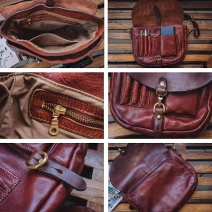 Interior compartments, zipper pocket and brass hardware of handcrafted leather messenger bag