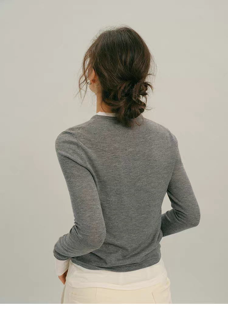 Back view of Heather Gray lightweight wool top showing clean slim silhouette