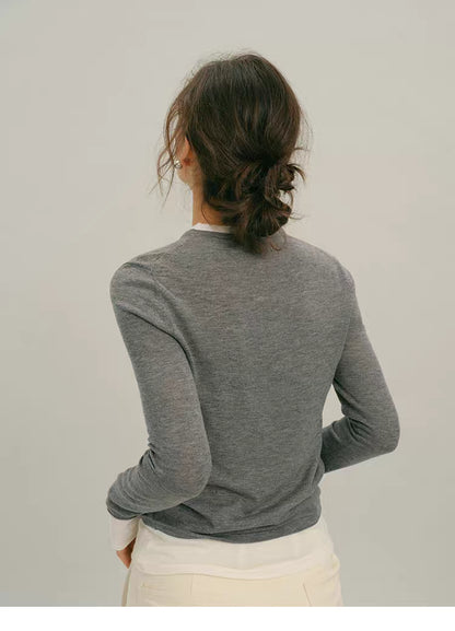 Back view of Heather Gray lightweight wool top showing clean slim silhouette