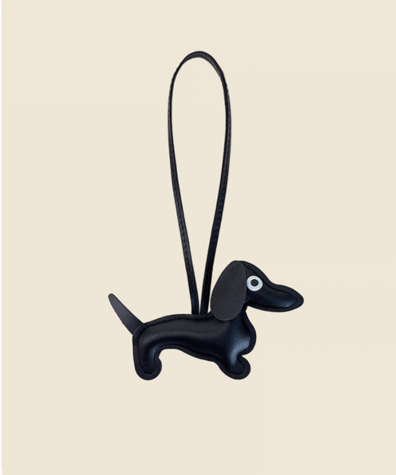 Black dachshund leather keychain charm front view with loop strap