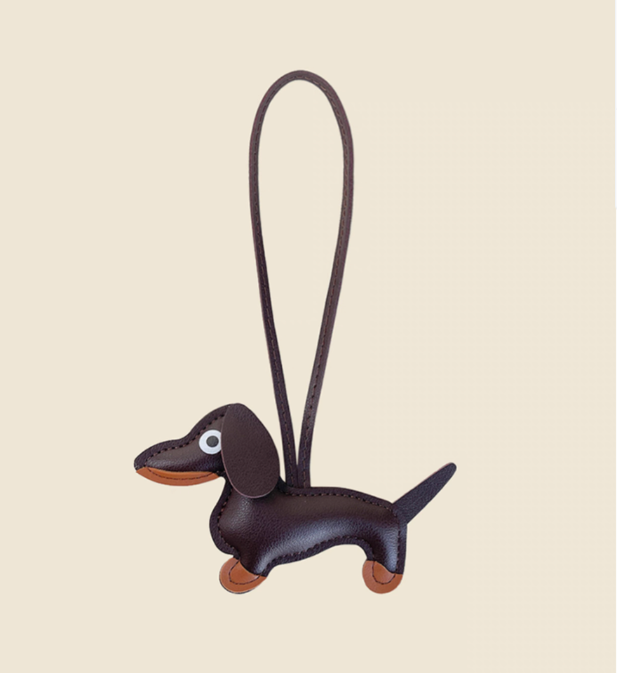Coffee brown dachshund leather keychain charm front view with strap detail
