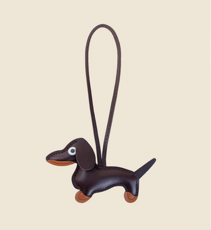 Coffee brown dachshund leather keychain charm front view with strap detail