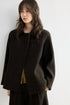 Front view of a Dark Brown bouclé jacket with small collar and minimal front closure
