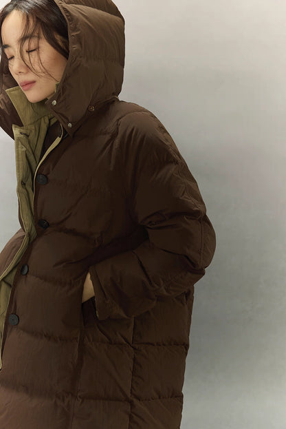 Women’s lightweight down coat in dark coffee brown with button front and khaki inner placket