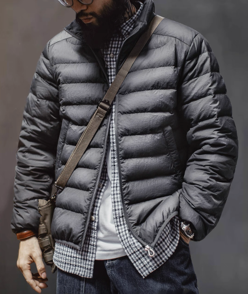 Man wearing Dark Grey Down Jacket with shirt and denim for everyday style