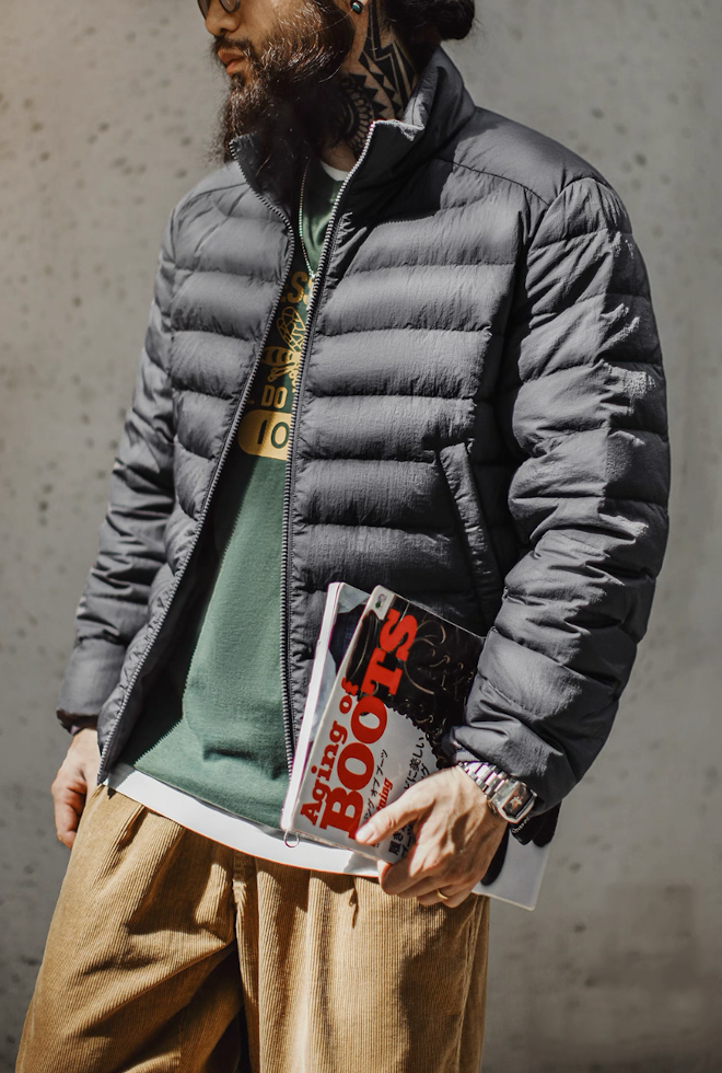 Dark Grey Ultra-Light Down Jacket styled for city look