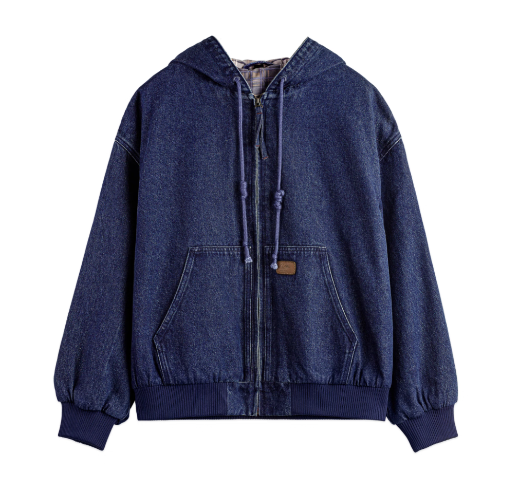 Front flat lay of men’s denim zip hoodie with kangaroo pocket and rib hem.