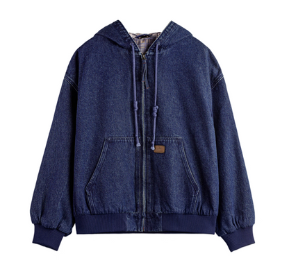 Front flat lay of men’s denim zip hoodie with kangaroo pocket and rib hem.
