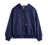 Front flat lay of men’s denim zip hoodie with kangaroo pocket and rib hem.