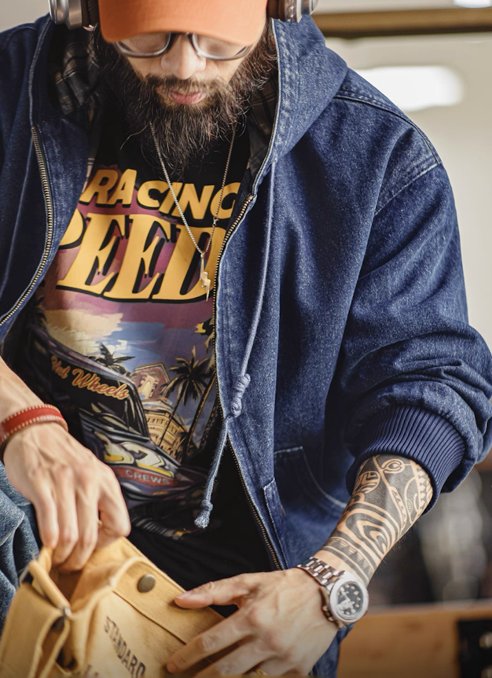 Lifestyle front view, hoodie unzipped over a tee, showing casual layering.