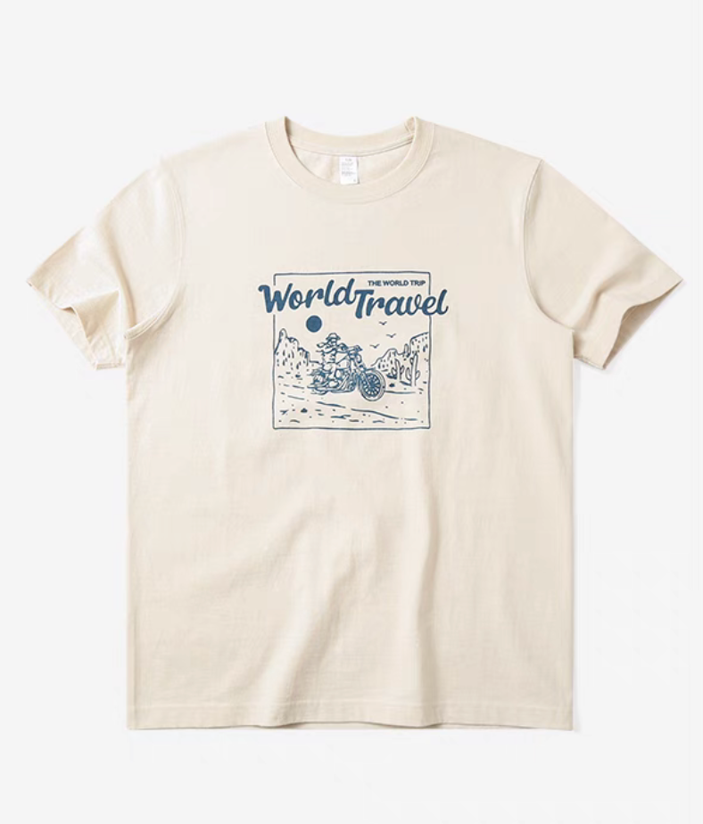 Desert Rider Graphic Cotton Tee Cream White front view featuring motorcycle desert scene graphic and relaxed fit crewneck design