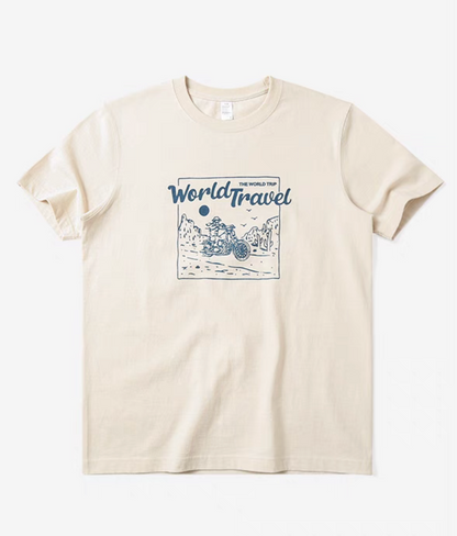 Desert Rider Graphic Cotton Tee Cream White front view featuring motorcycle desert scene graphic and relaxed fit crewneck design