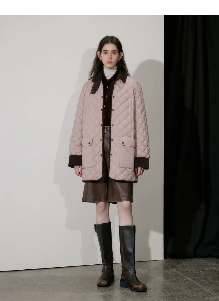 Dusty pink diamond-quilted down coat with brown corduroy collar and cuffs, worn open, front view