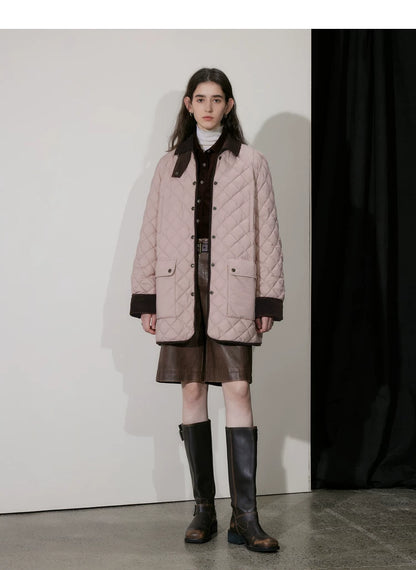 Dusty pink diamond-quilted down coat with brown corduroy collar and cuffs, worn open, front view