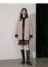 Dusty pink diamond-quilted down coat with brown corduroy collar and cuffs, worn open, front view
