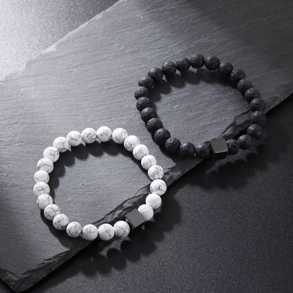 Dual-tone turquoise and lava stone hip-hop bracelet set featuring white turquoise beads and black lava stone beads with square accent in flat lay display
