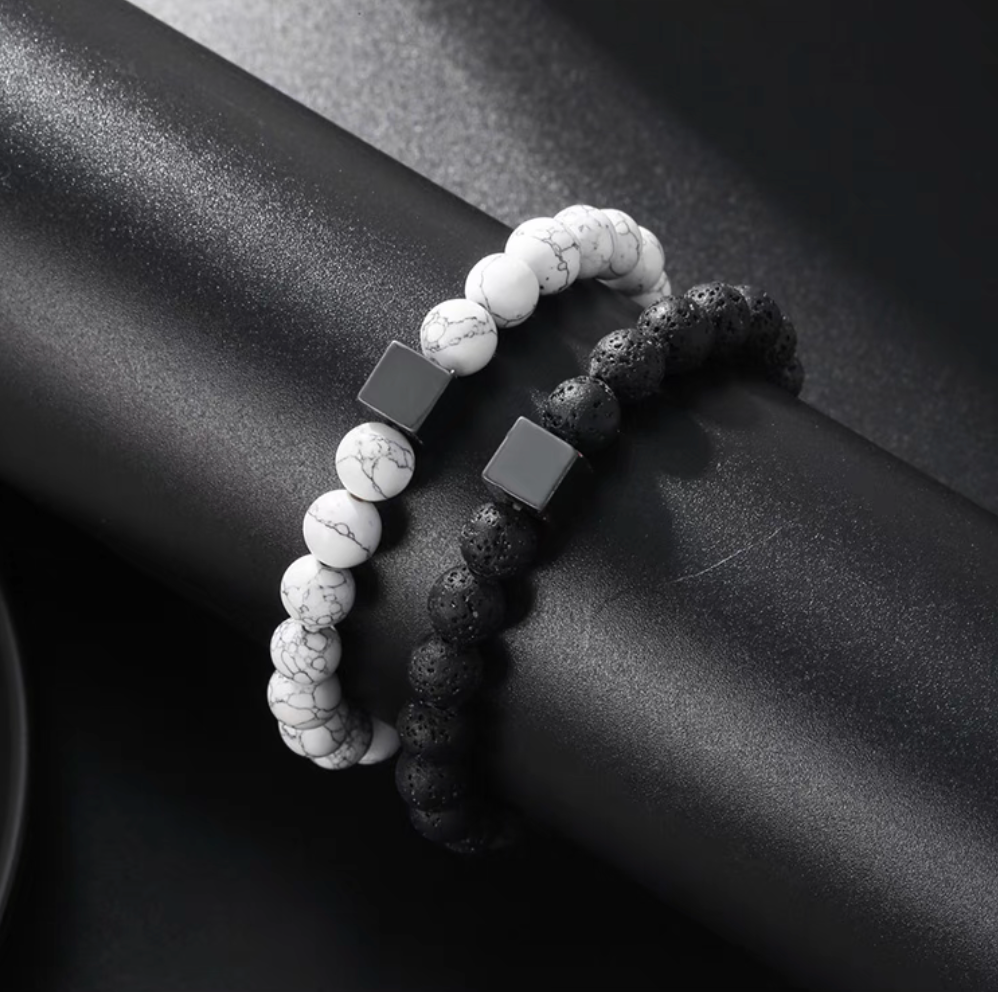 Dual-tone turquoise and lava stone hip-hop bracelet set worn on wrist showcasing white turquoise beads and textured black lava stone beads with modern square accent