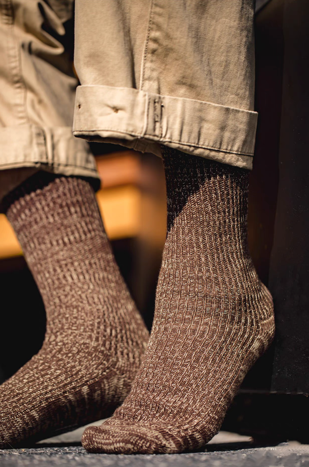 Durable Cotton Crew Socks in brown worn with cuffed pants showing ribbed knit texture and comfortable everyday fit
