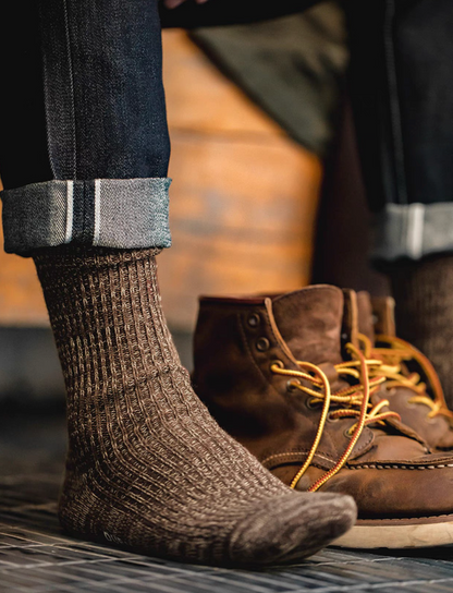 Durable Cotton Crew Socks in brown styled with leather work boots highlighting rugged everyday wear and ribbed design