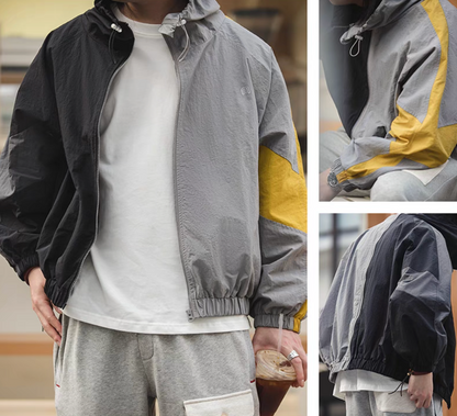 Multi-view collage of Dynamic Layering Jacket in Scottish Grey and Sumatra Black showing front wear, sleeve detail and back view