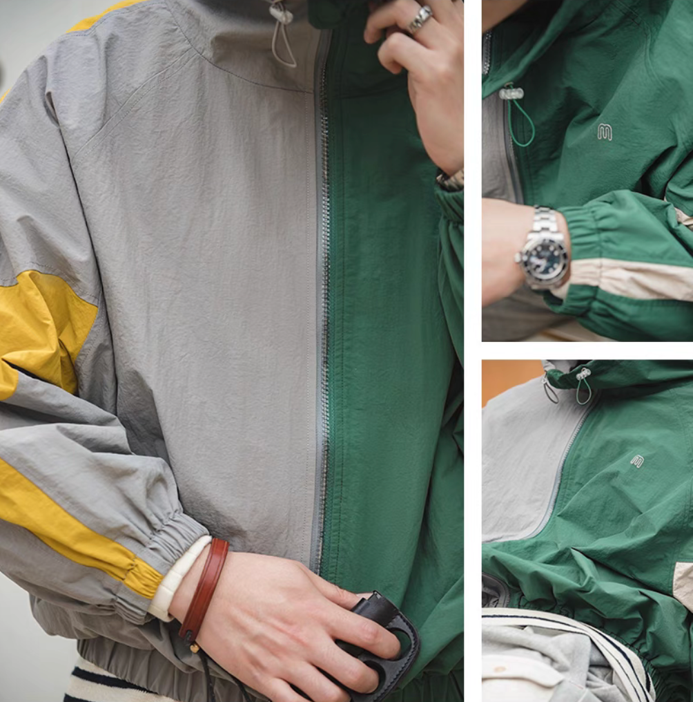 Dynamic Layering Jacket in Scottish Grey multi-image collage showing color block design, zipper detail and fabric texture