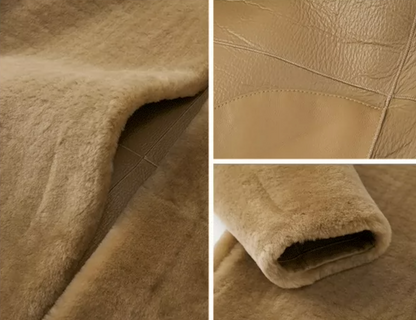 Detail of dense camel shearling fleece, side-seam pocket, inside leather and fleece cuff