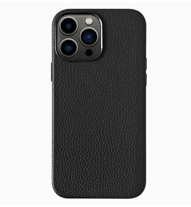 Black pebbled leather MagSafe phone case back view with sleek texture and durable protection
