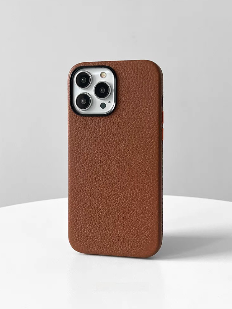 Brown pebbled leather MagSafe phone case back view with premium texture and slim protective design