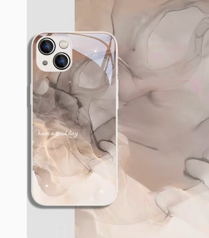 Black gradient meladye phone case back view with marble texture and have a good day text glossy finish