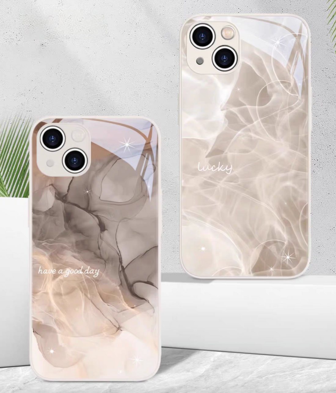 Elegant meladye gradient phone case dual view showing white gradient lucky design and marble have a good day design glossy finish
