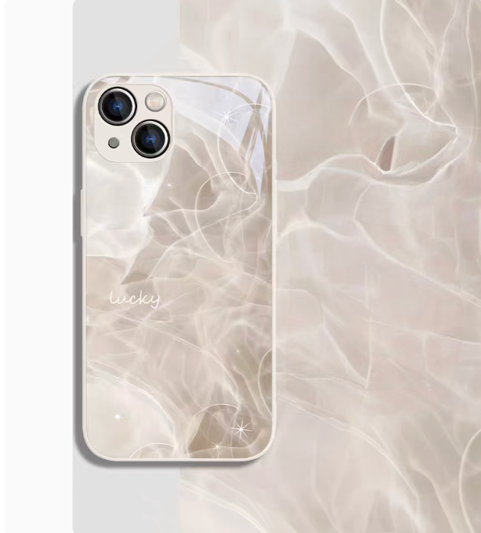 White gradient meladye phone case back view with soft flowing pattern and lucky text glossy elegant design