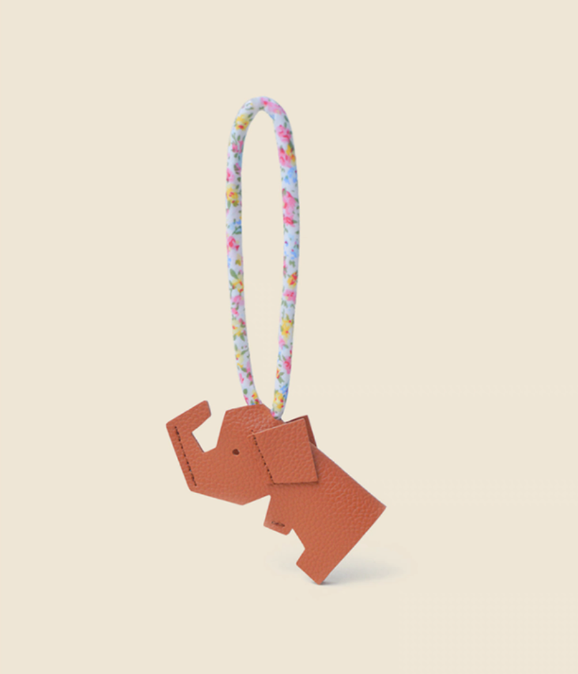 Coffee brown elephant keychain charm front view with floral strap detail