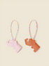 Elephant keychain charm in pink and coffee brown colors with floral strap overview