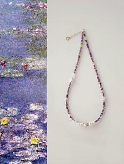 Elysian Amethyst Pearl Choker flat lay featuring purple amethyst beads with baroque pearl centerpiece and gold-plated accents