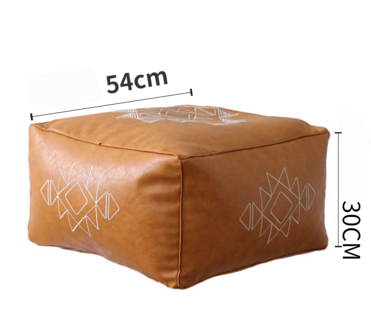Orange yellow embroidered square bean bag sofa showing size dimensions 54 cm width and 30 cm height with geometric embroidery