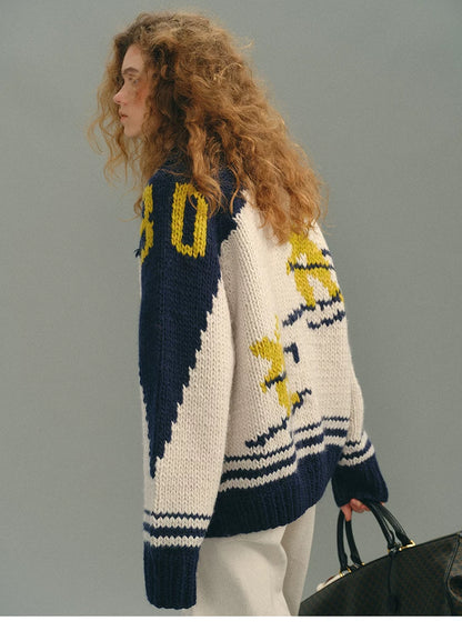 Navy multi Fair Isle wool cardigan, back side view