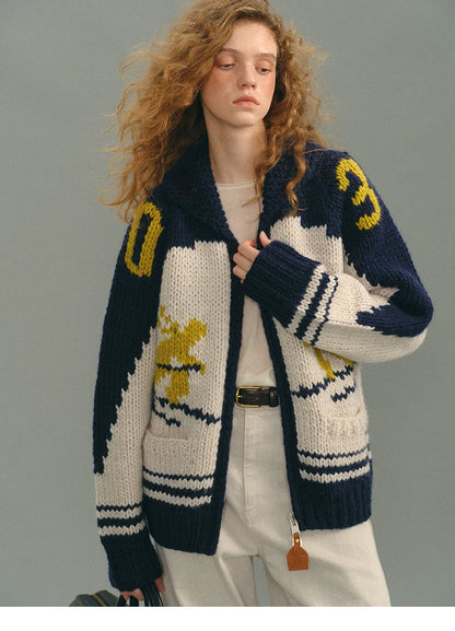 Navy multi Fair Isle wool cardigan, front view worn open