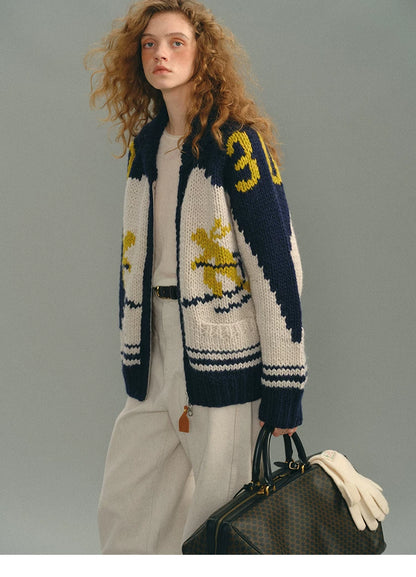Navy multi Fair Isle wool cardigan, front side view with bag