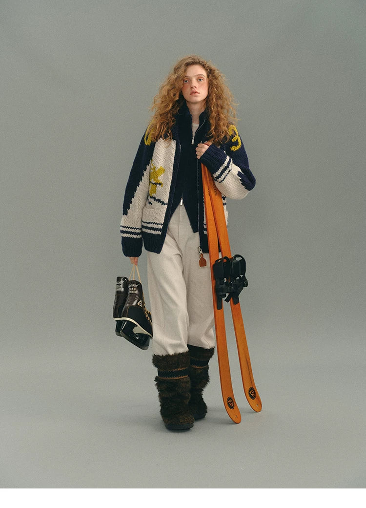 Navy multi Fair Isle wool cardigan styled with skiwear, full body