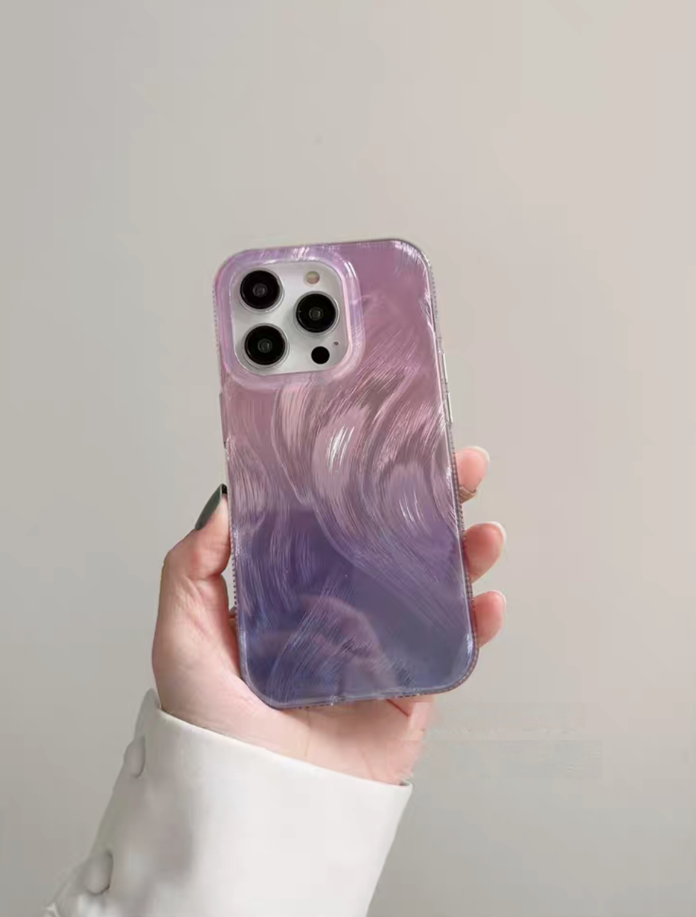 Feather gradient purple phone case back view with lavender to deep purple swirl texture elegant protective design