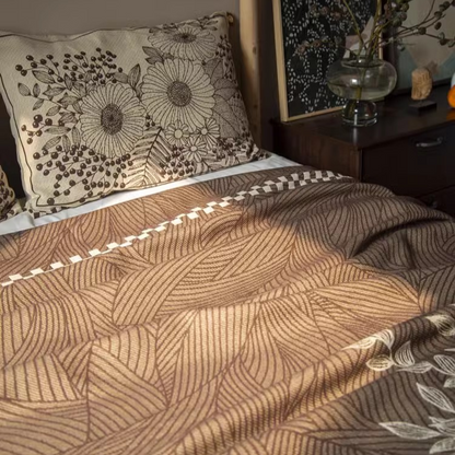 Floral Cotton Gauze Blanket Elegant Splendor reverse side showing warm brown leaf pattern on cotton gauze fabric