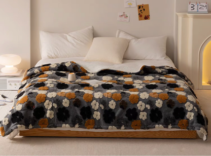 Jacquard Gray floral fleece throw blanket covering full bed with decorative setup