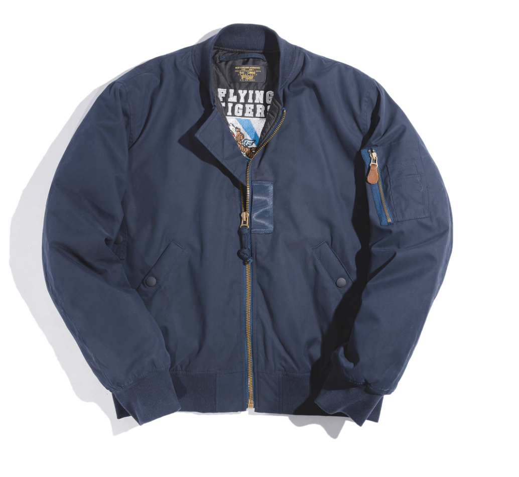 Deep navy MA-1 bomber jacket flat lay showing zip pocket and quilted interior.