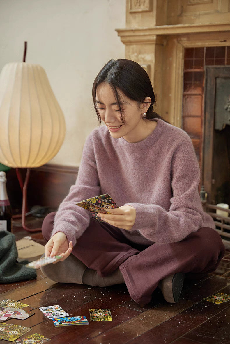 Cloud purple brushed wool sweater worn in relaxed home setting showing cozy texture and casual styling
