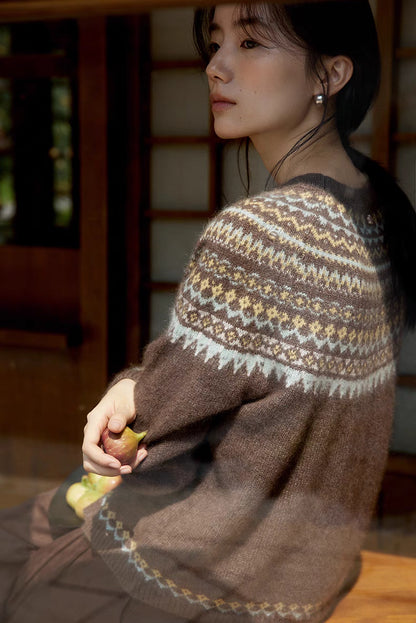 Close-up back view of smoky brown Frosted Peaks Fair Isle Sweater showing intricate Fair Isle pattern and soft blended wool texture
