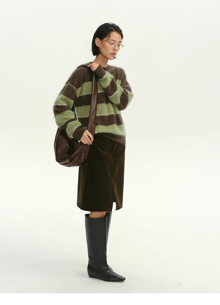 full-body outfit with brown green striped fuzzy sweater and skirt