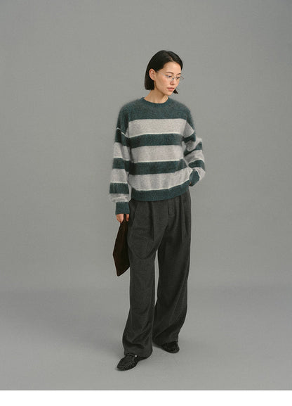 full-body outfit with dark green gray striped fuzzy alpaca sweater