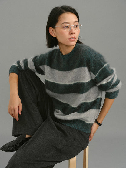 model sitting while wearing dark green gray striped brushed sweater