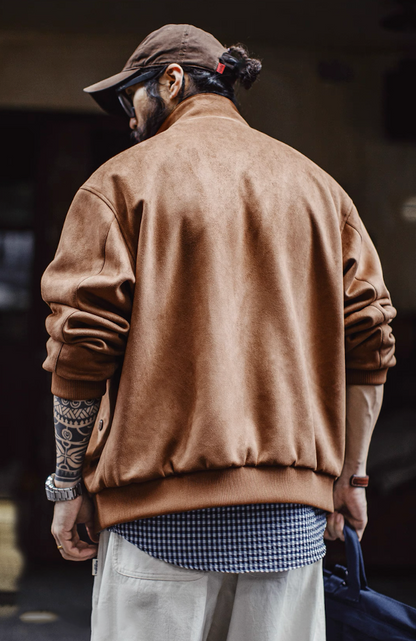 Back view of camel suede Harrington jacket